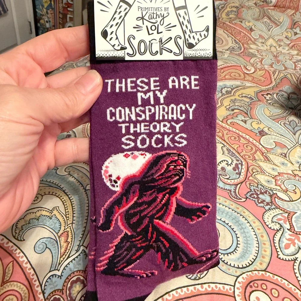 Primitives by Kathy Conspiracy Theory Socks Bigfoot UFO Loch Ness Mothman Purple